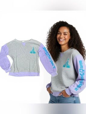 Disney SOFT Gray & Lavender Castle Holographic Iridescent Pullover Sweater SMALL